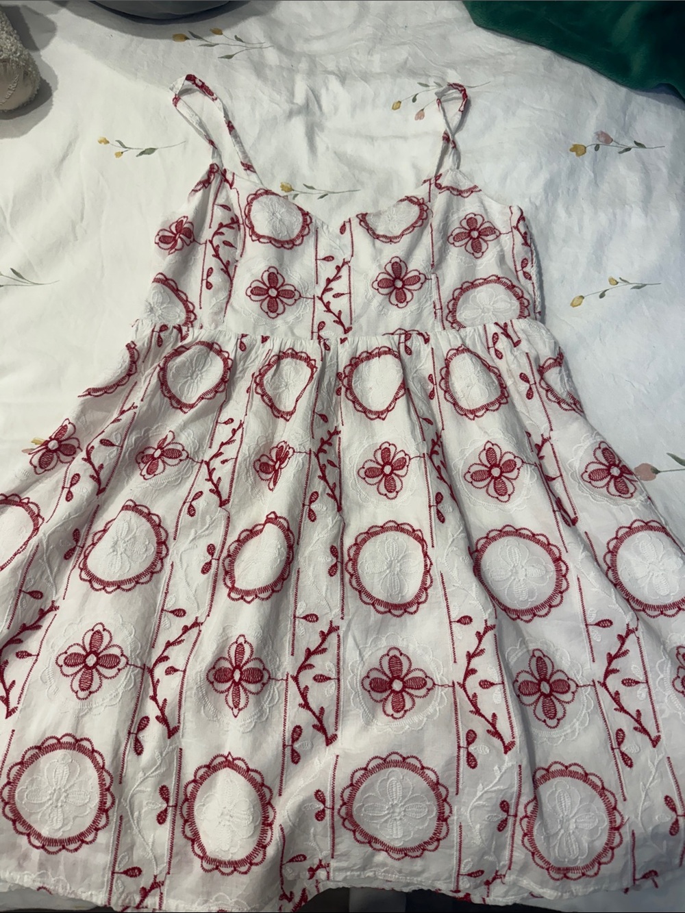 White Sundress with Red Embroidered Floral Motif